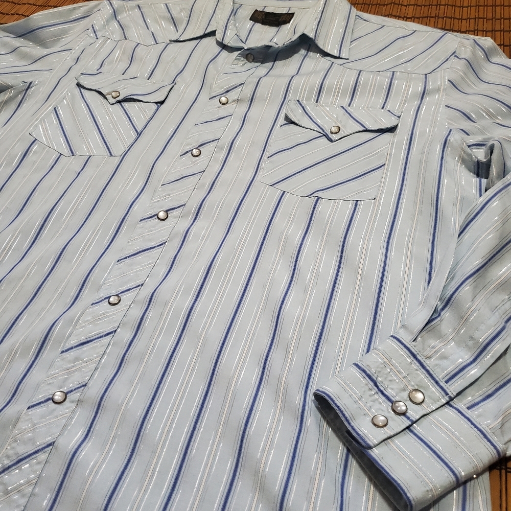 Buffalo Country USA Western shirt light blue striped men's size L